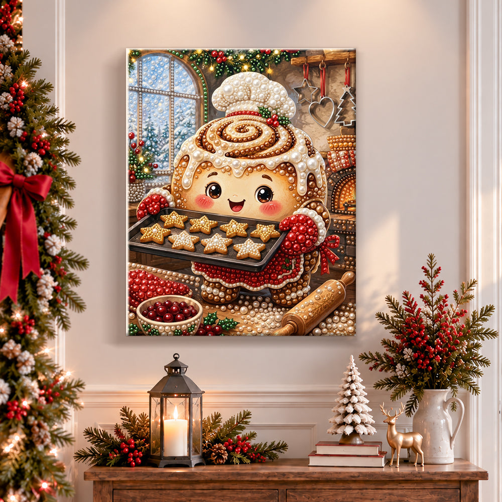Finished gingerbread chef baking cookies pearl diamond painting artwork displayed as holiday home decor