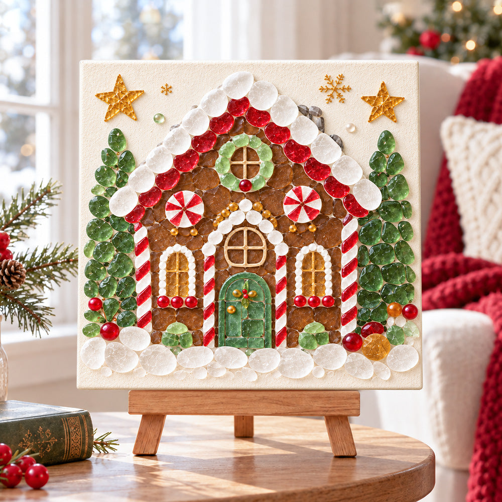 Gingerbread house sea glass art kit displayed as seasonal home decor