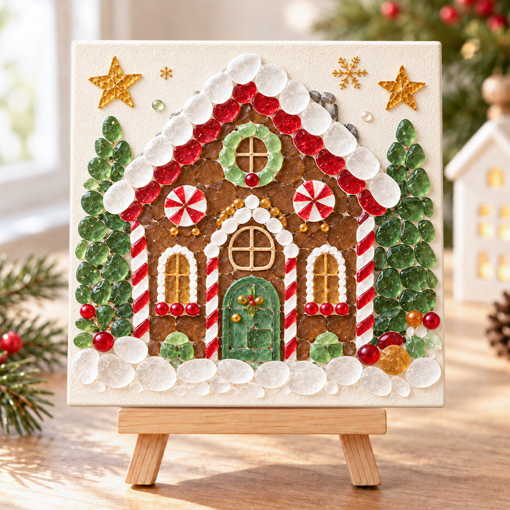 Gingerbread house sea glass art kit finished artwork on display