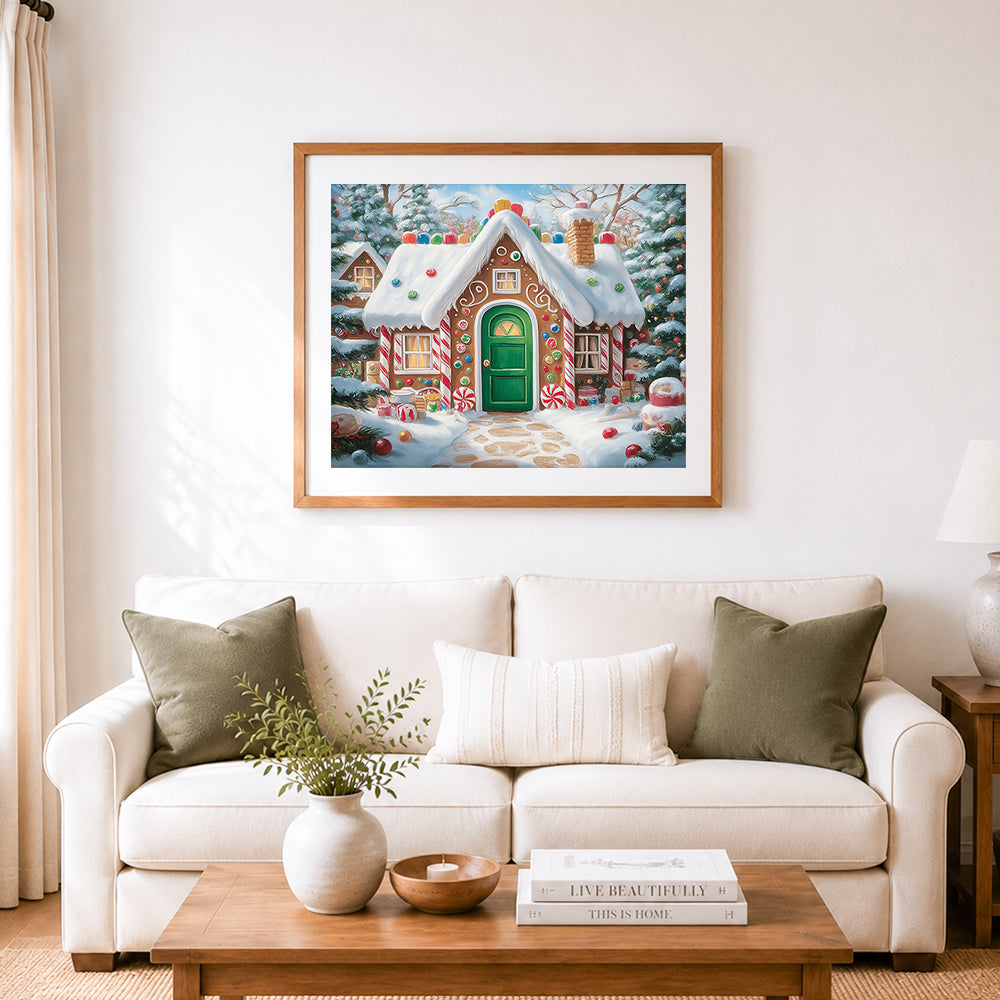 Finished gingerbread house with green door in snow cross stitch artwork displayed as home decor