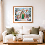 Finished gingerbread house with green door in snow cross stitch artwork displayed as home decor