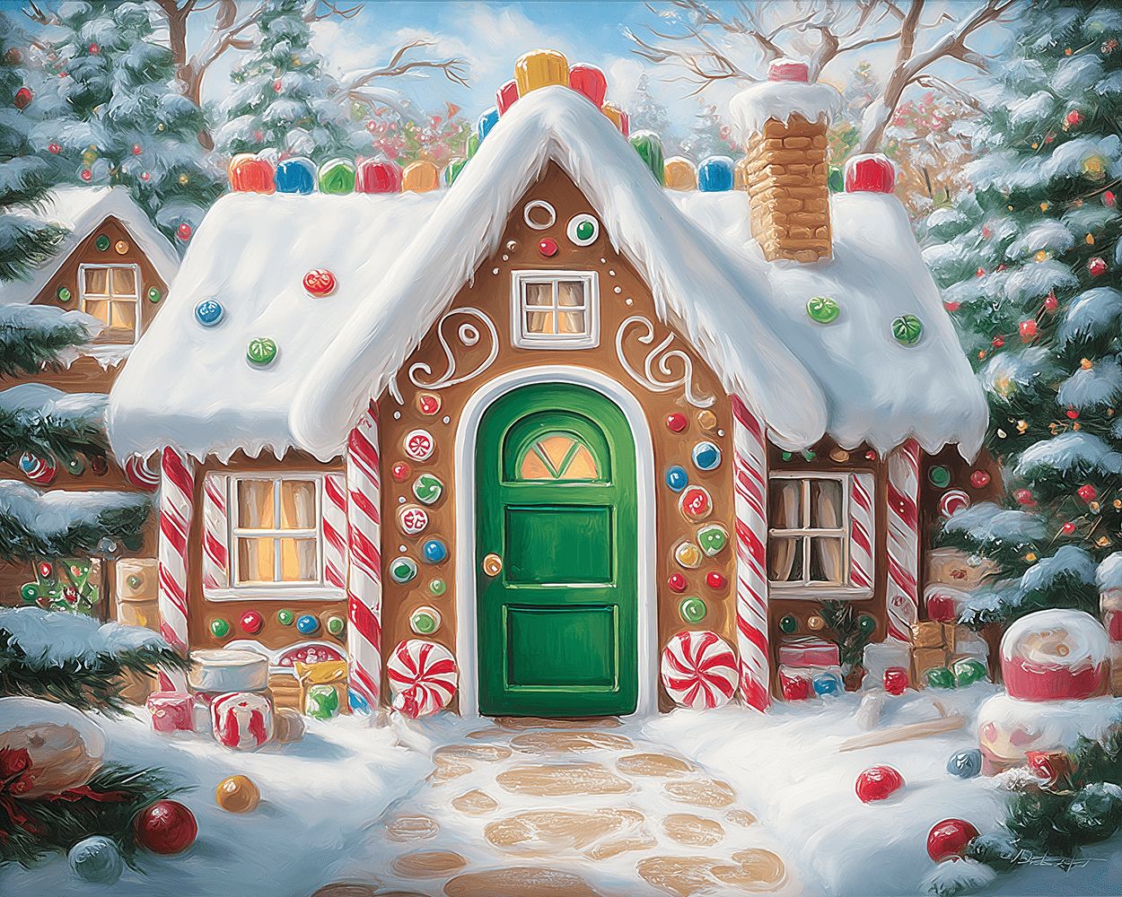 Gingerbread house with green door in snow cross stitch kit for beginners