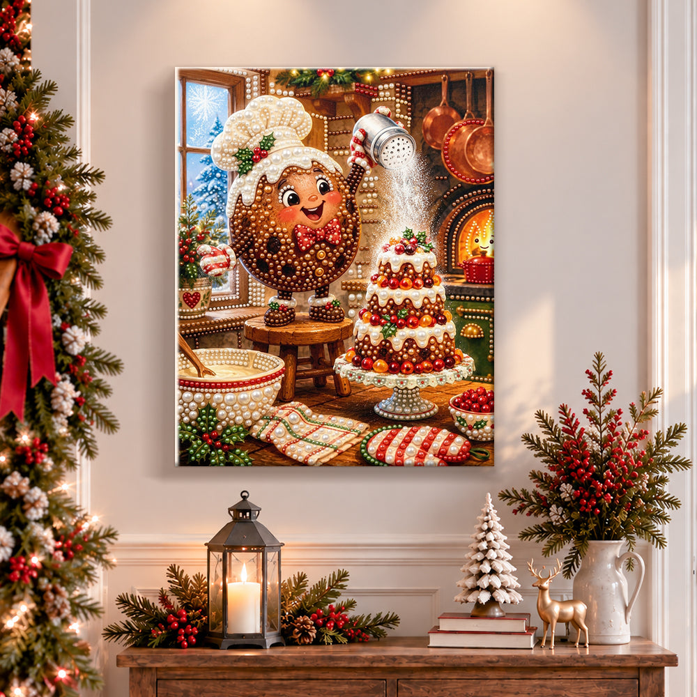 Finished gingerbread making fruit cake pearl diamond painting artwork displayed as holiday home decor