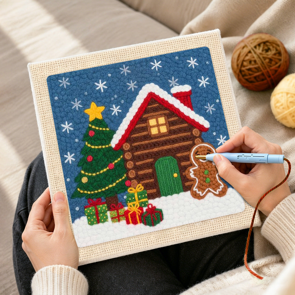 Creating handmade gingerbread man cabin punch needle artwork