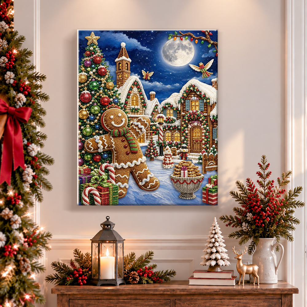 Finished gingerbread man christmas town pearl diamond painting artwork displayed as holiday home decor