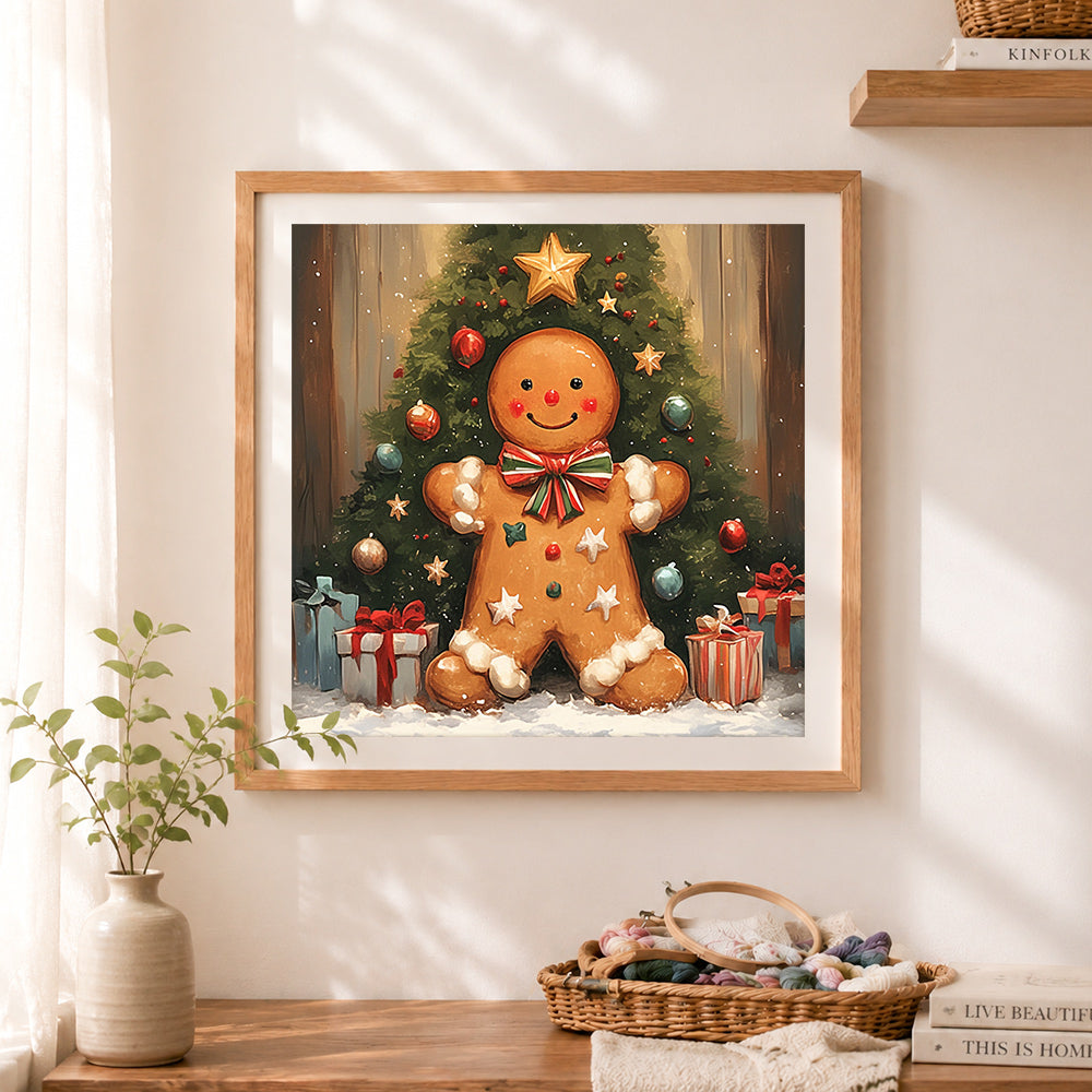 Finished gingerbread man christmas tree cross stitch artwork displayed as home decor
