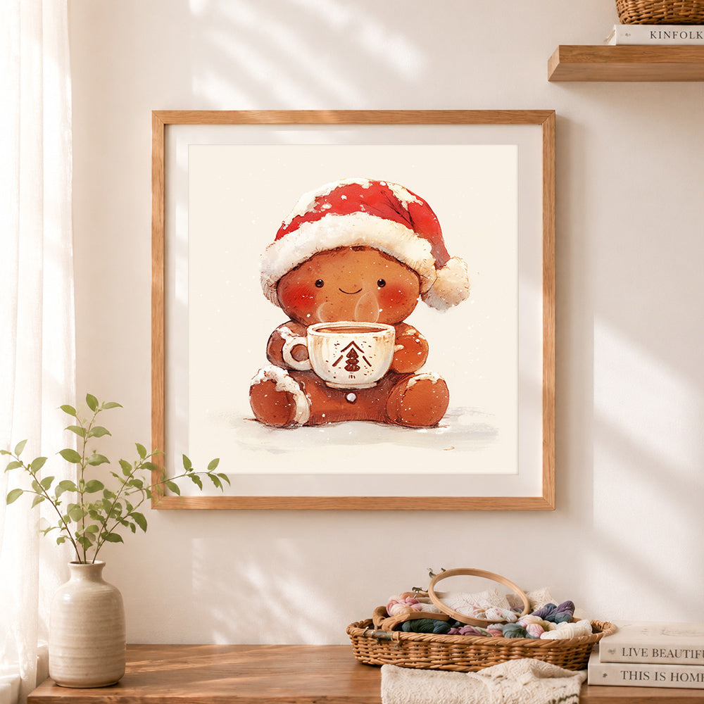 Finished gingerbread man hot cocoa cross stitch artwork displayed as home decor