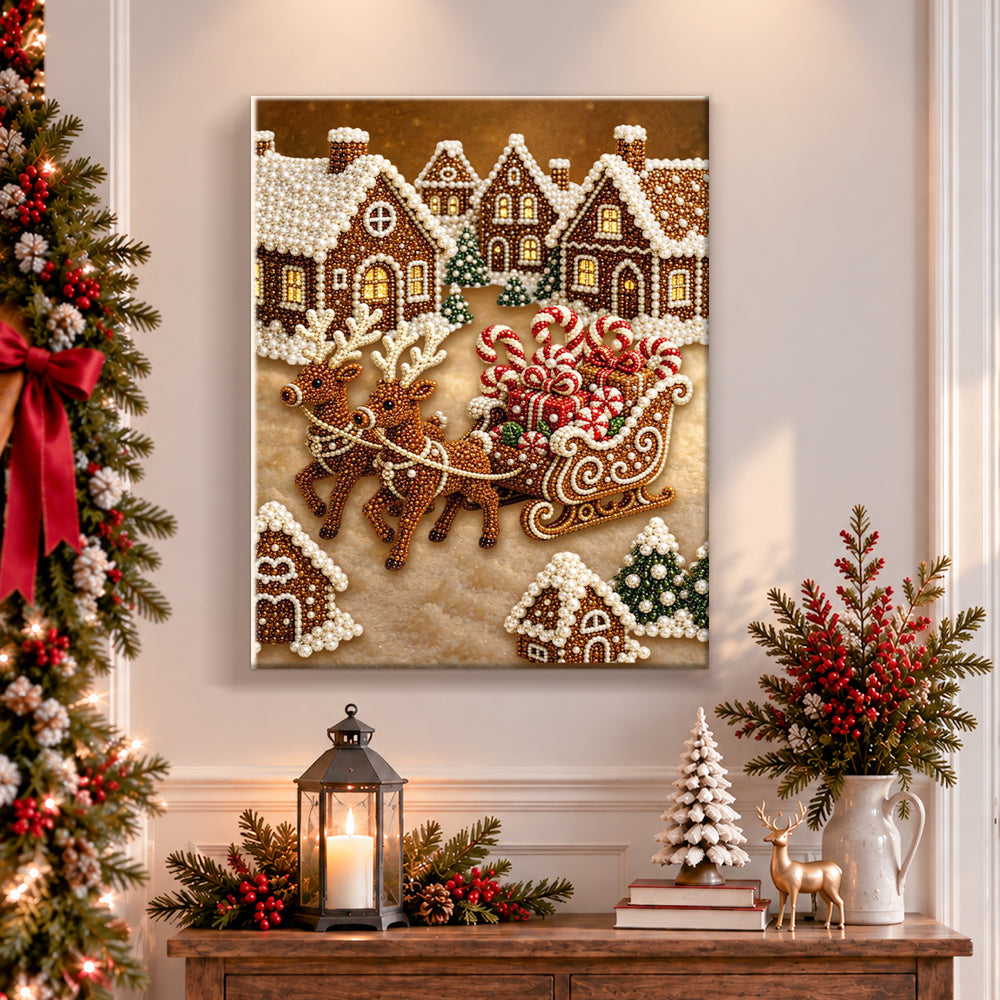 Finished gingerbread town sleigh ride pearl diamond painting artwork displayed as holiday home decor