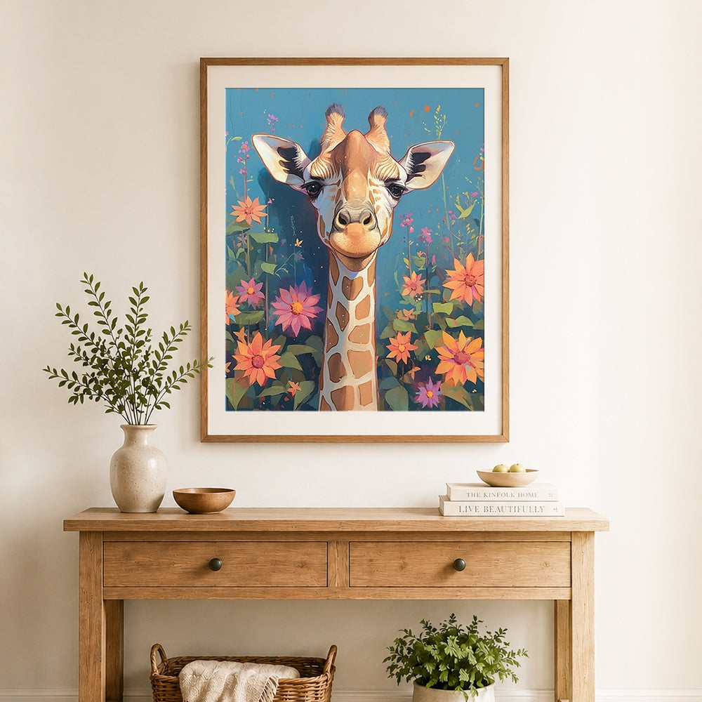 Finished giraffe with pink and orange flowers cross stitch artwork displayed as home decor