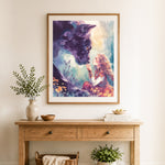 Finished girl and giant black leopard cross stitch artwork displayed as home decor