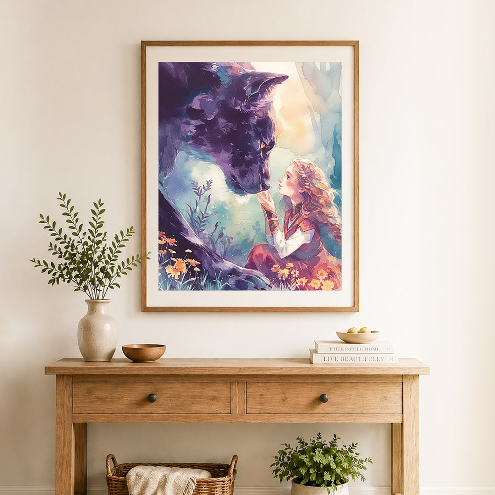 Finished girl and giant black leopard cross stitch artwork displayed as home decor