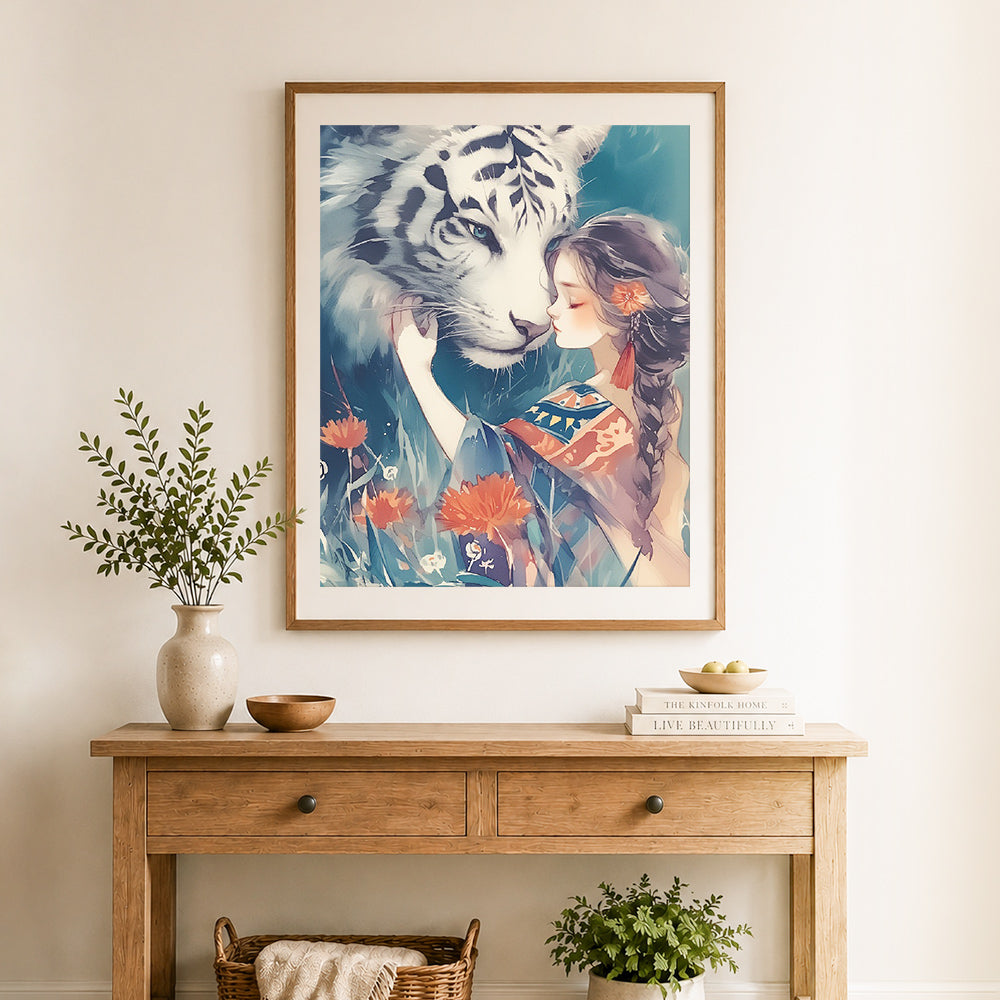 Finished girl and white tiger cross stitch artwork displayed as home decor