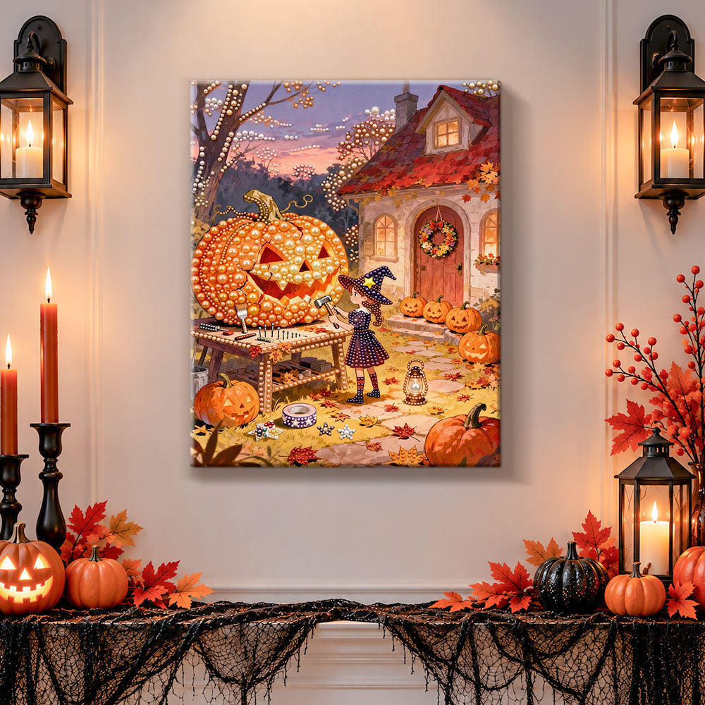 Finished girl carving giant pumpkin pearl diamond painting artwork displayed as holiday home decor