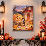 Finished girl carving giant pumpkin pearl diamond painting artwork displayed as holiday home decor