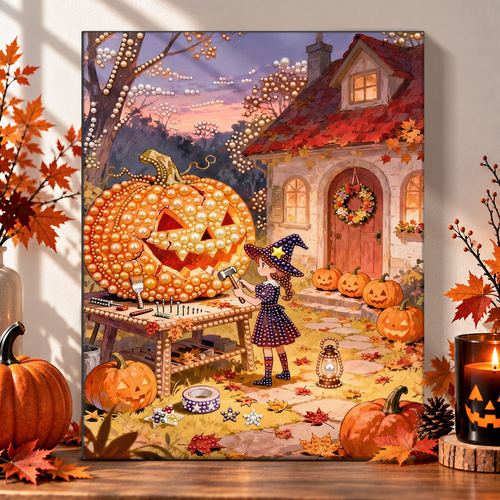Girl carving giant pumpkin pearl diamond painting kit for beginners