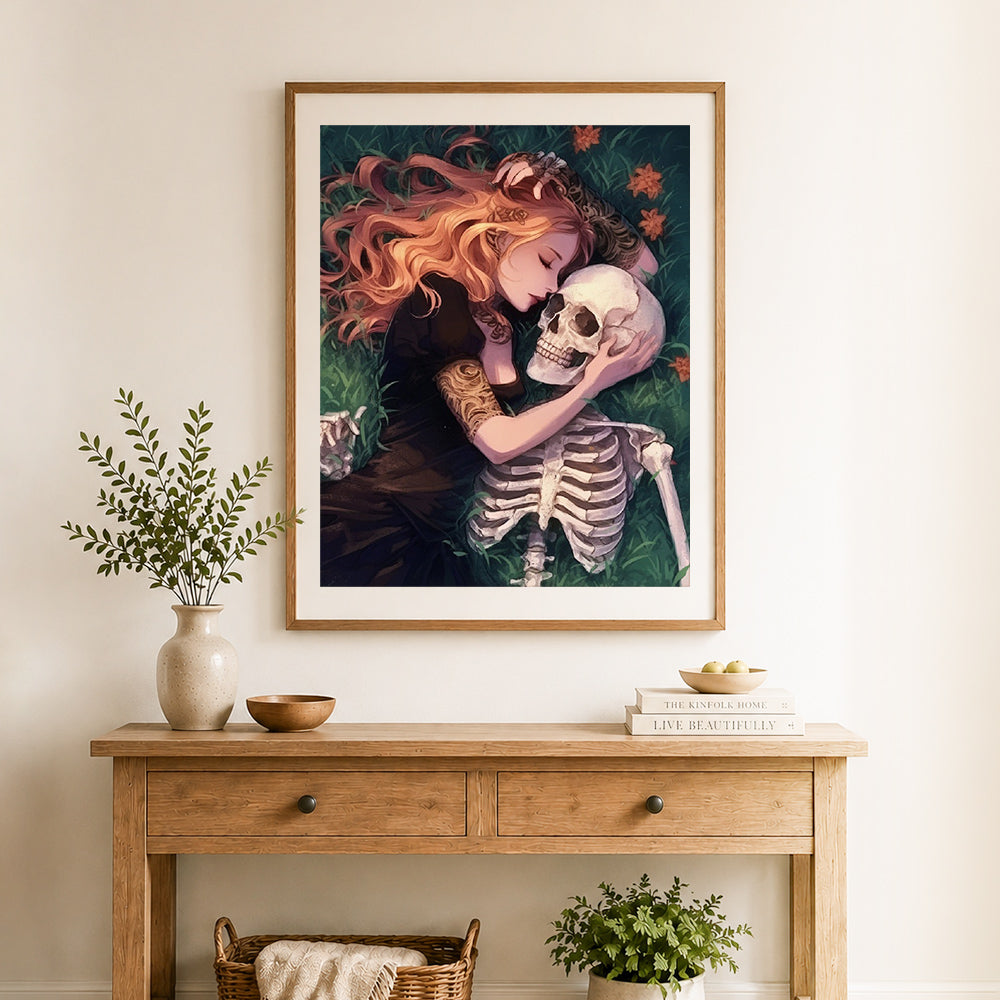 Finished girl embracing skeleton cross stitch artwork displayed as home decor