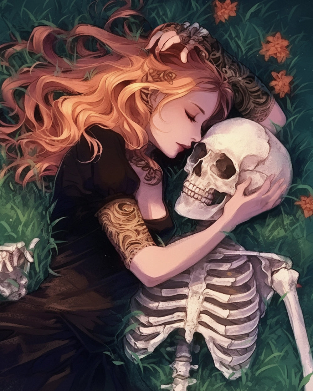 Girl embracing skeleton cross stitch kit for beginners