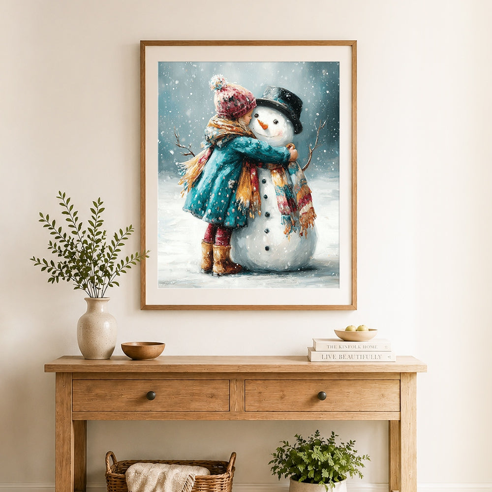 Finished girl hugging snowman in winter snow cross stitch artwork displayed as home decor