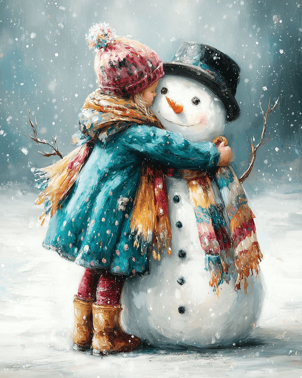 Girl hugging snowman in winter snow cross stitch kit for beginners
