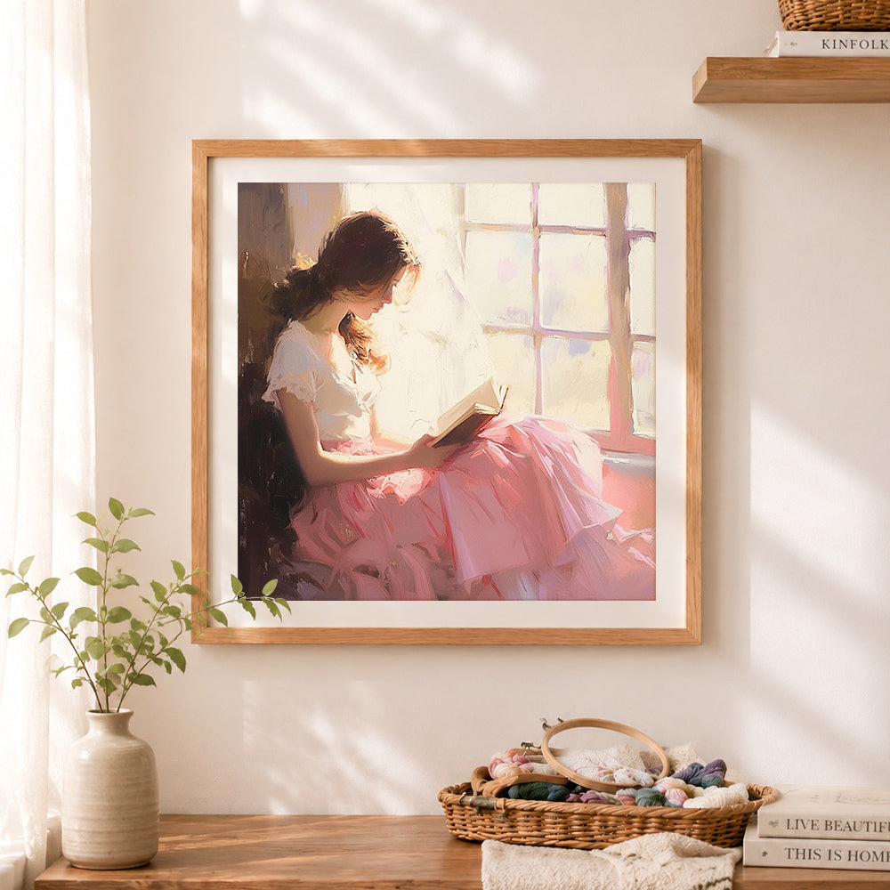 Finished girl reading by sunlit window cross stitch artwork displayed as home decor