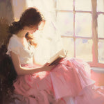 Girl reading by sunlit window cross stitch kit for beginners
