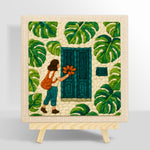Girl, teal door and monstera leaves punch needle kit for beginners