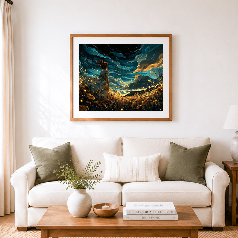 Finished girl watching starry sky cross stitch artwork displayed as home decor
