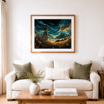 Finished girl watching starry sky cross stitch artwork displayed as home decor