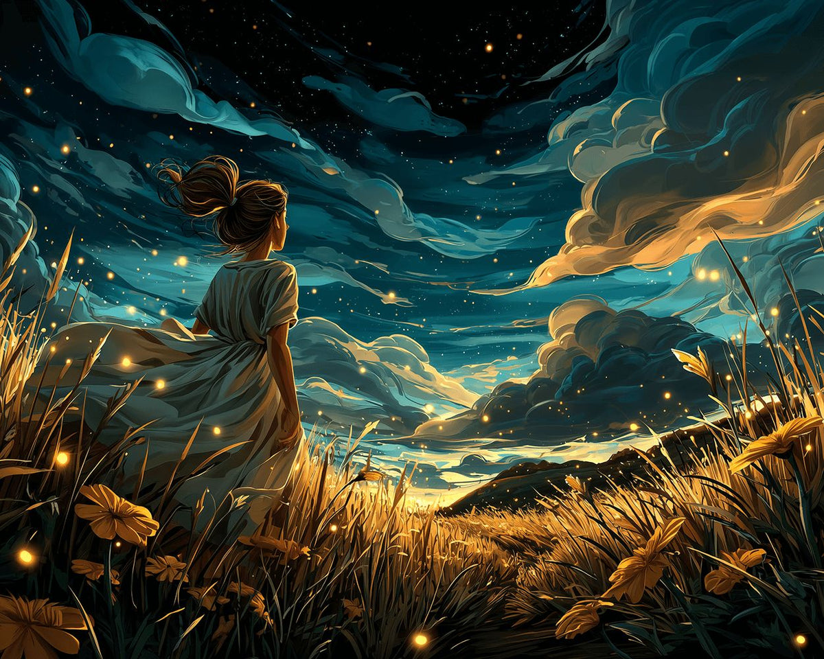 Girl watching starry sky cross stitch kit for beginners