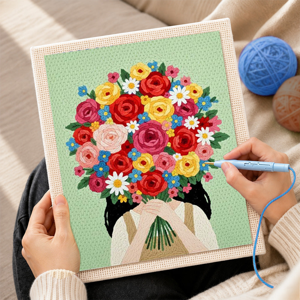 Creating handmade girl with bright flower bouquet punch needle artwork