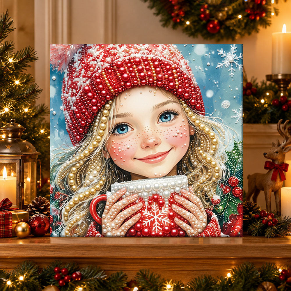 Finished girl with hot christmas drink pearl diamond painting artwork displayed as holiday home decor