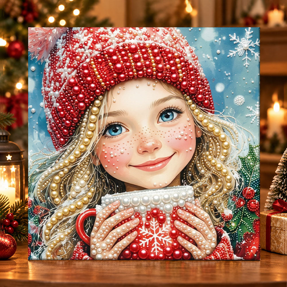 Girl with hot christmas drink pearl diamond painting kit for beginners