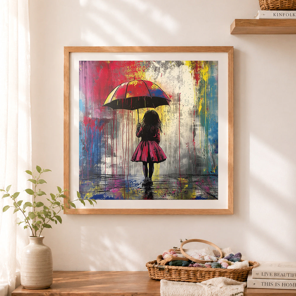 Finished girl with umbrella in colorful rain cross stitch artwork displayed as home decor