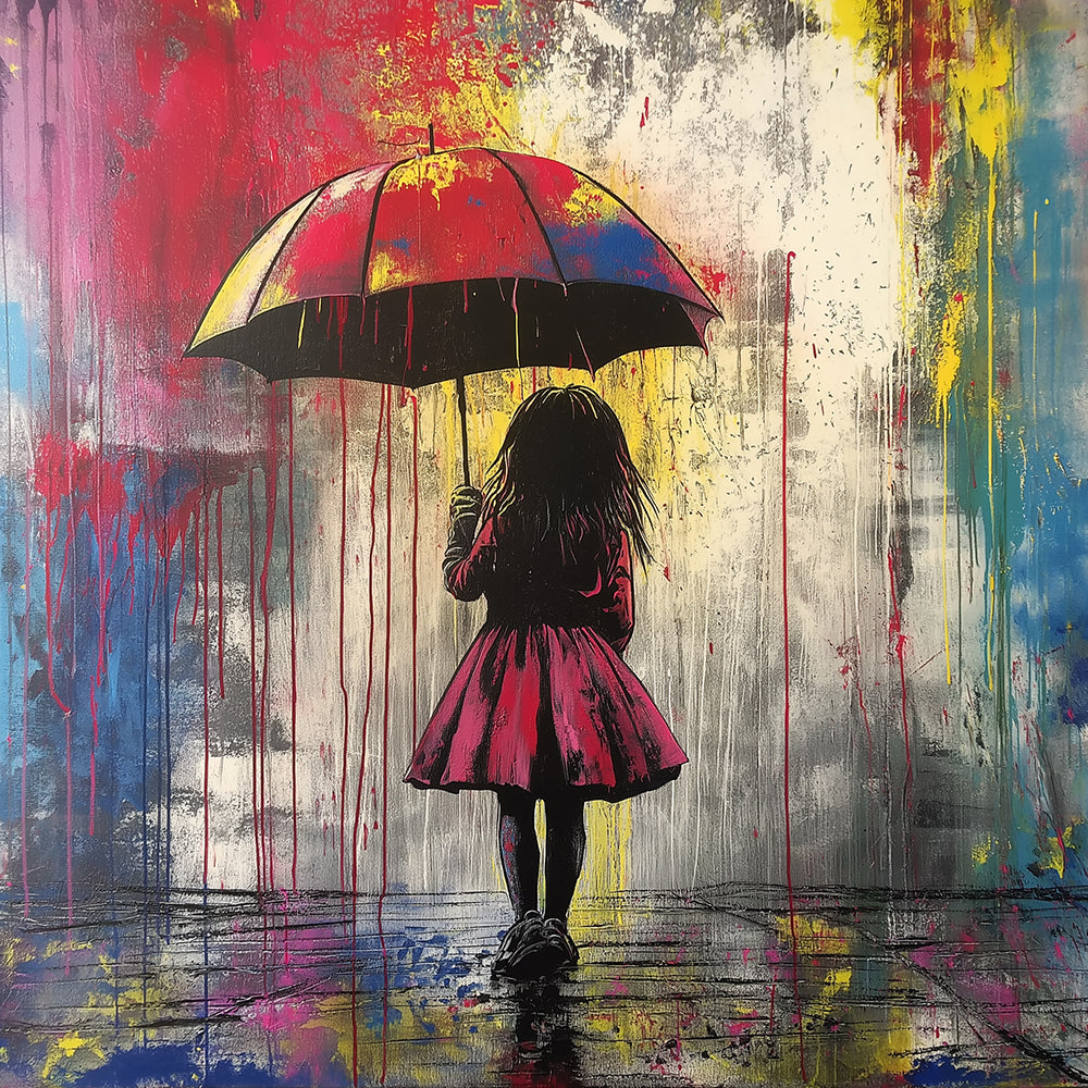 Girl with umbrella in colorful rain cross stitch kit for beginners