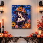 Finished glam witch with floral hat pearl diamond painting artwork displayed as holiday home decor