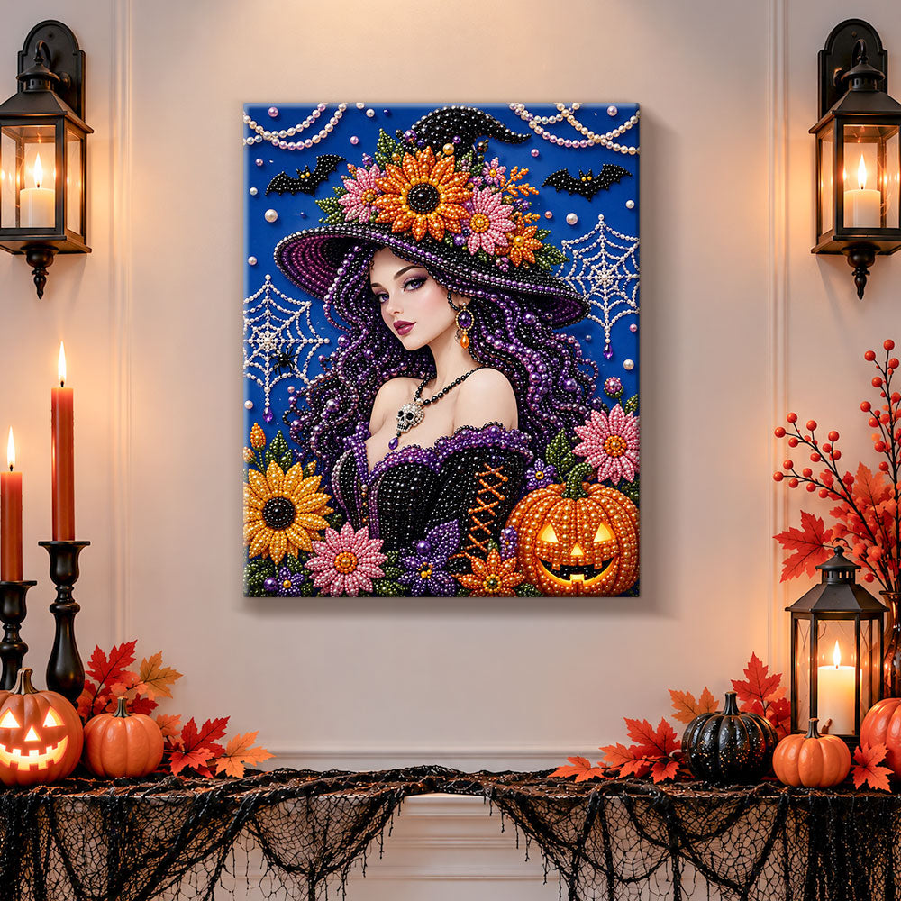 Finished glam witch with floral hat pearl diamond painting artwork displayed as holiday home decor