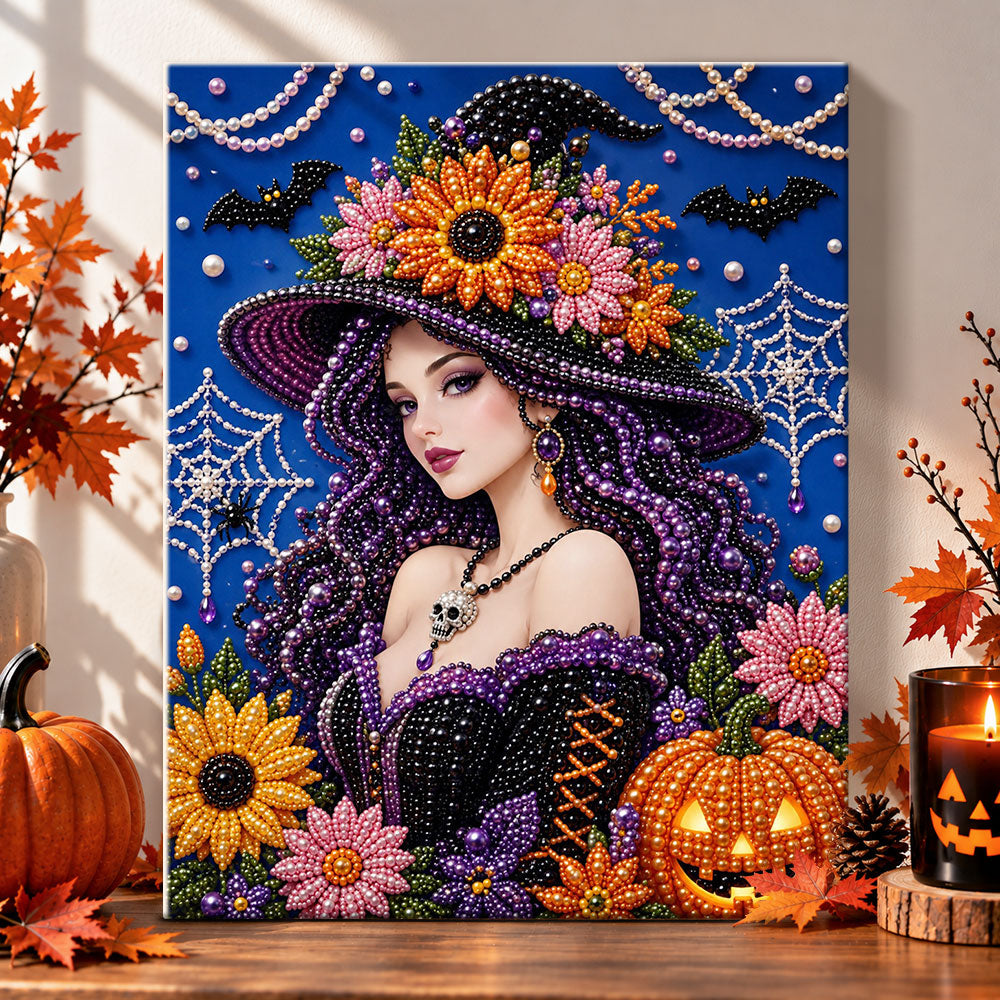 Glam witch with floral hat pearl diamond painting kit for beginners