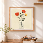 Finished glass vase red‑yellow blooms cross stitch artwork displayed as home decor