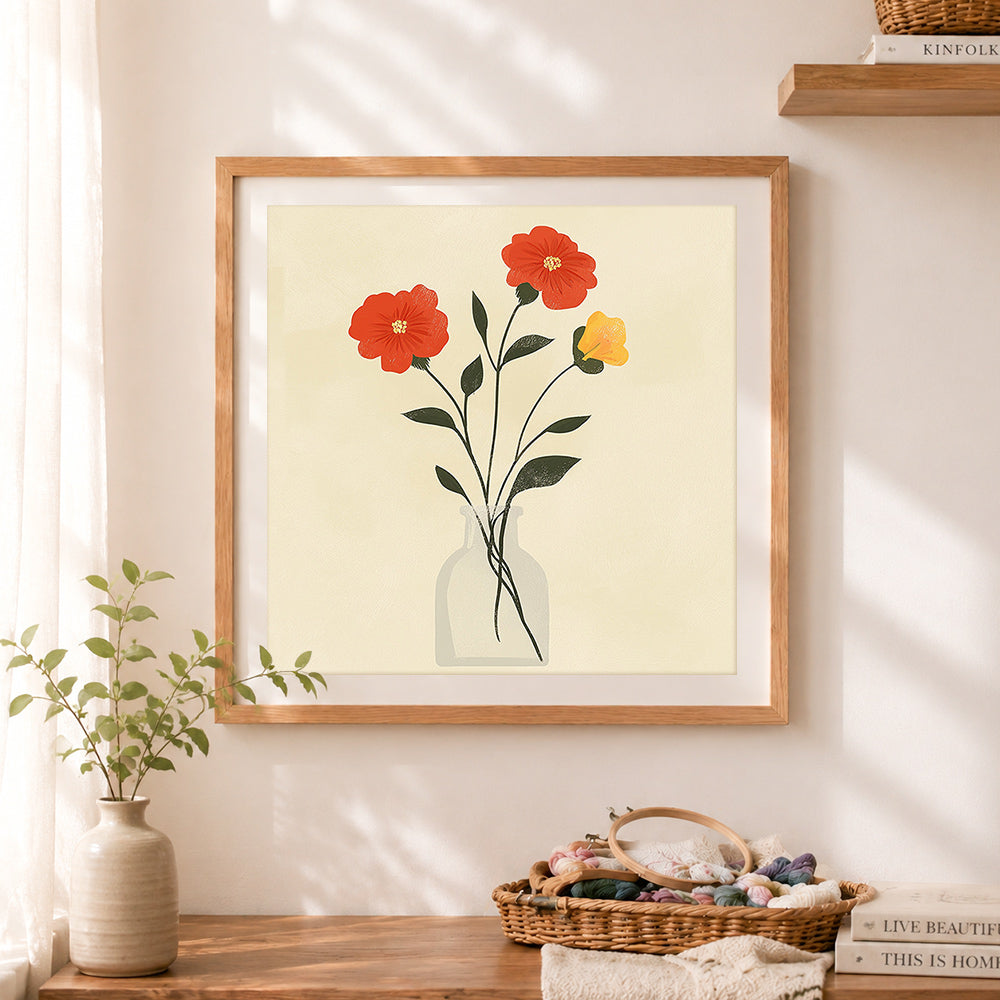 Finished glass vase red‑yellow blooms cross stitch artwork displayed as home decor