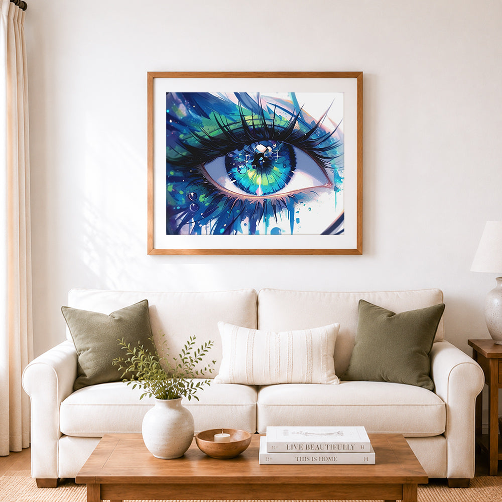 Finished glimmering aqua gaze cross stitch artwork displayed as home decor
