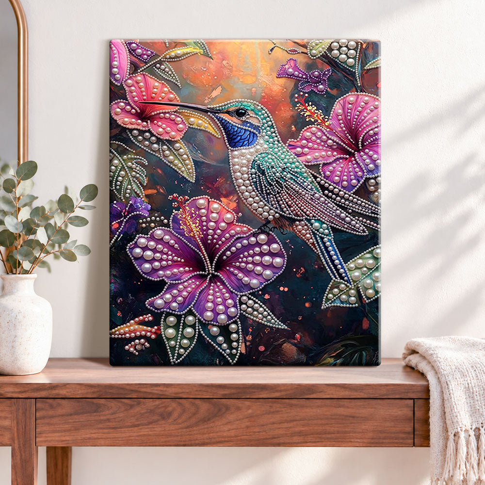 Finished glimmering hummingbird in blooms pearl diamond painting artwork displayed as home decor
