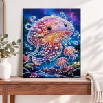 Finished glimmering pearl jellyfish pearl diamond painting artwork displayed as home decor