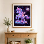 Finished glitter galaxy unicorn cross stitch artwork displayed as home decor