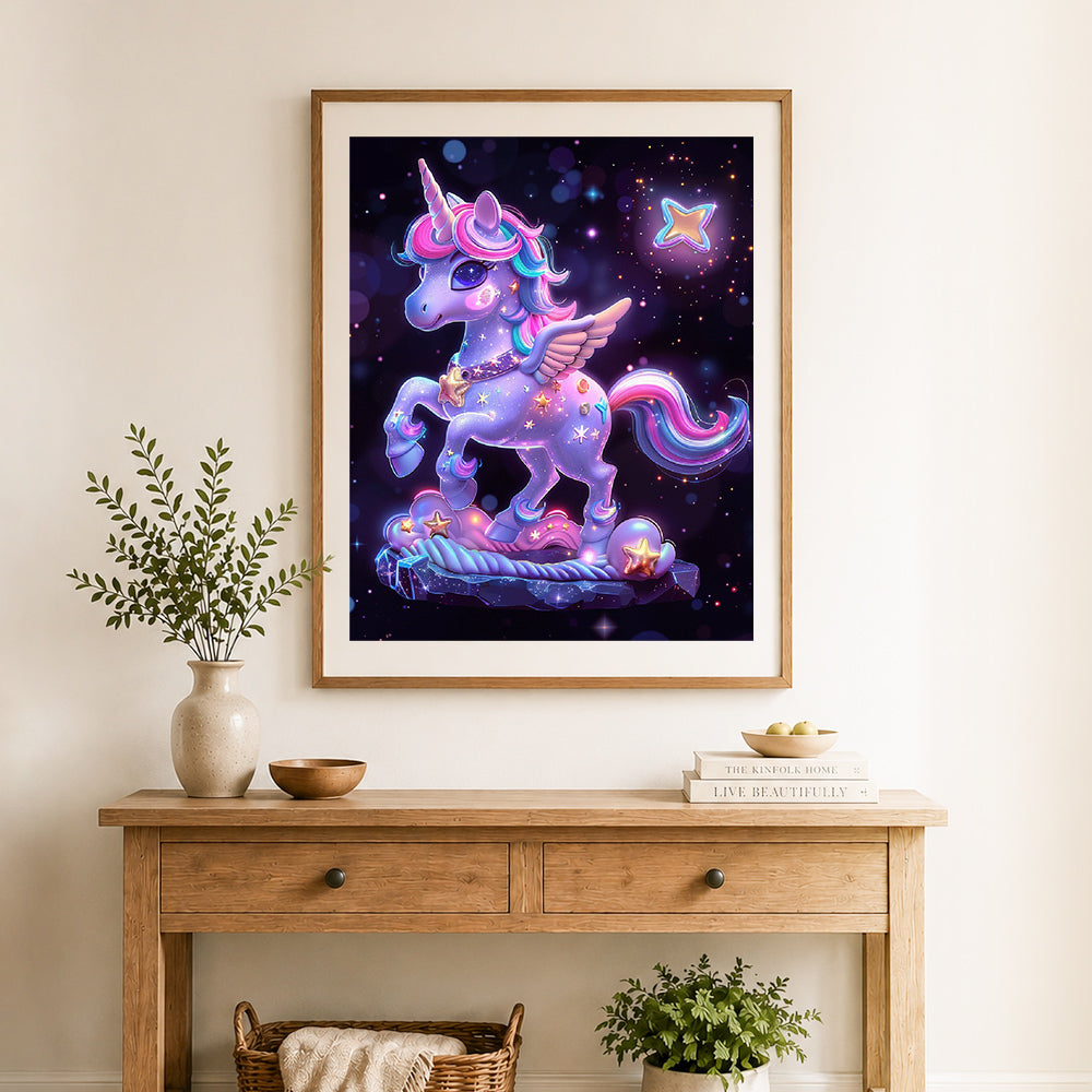 Finished glitter galaxy unicorn cross stitch artwork displayed as home decor