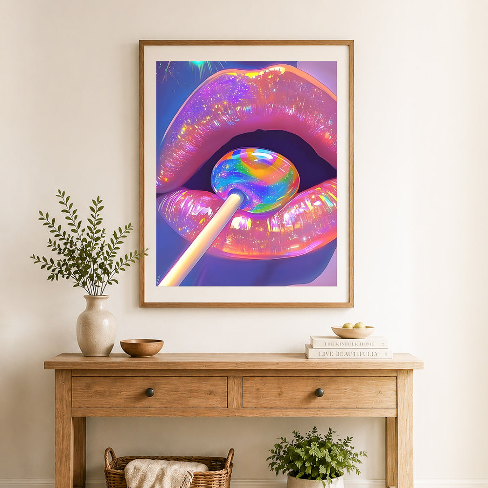 Finished glitter lips and rainbow lollipop cross stitch artwork displayed as home decor
