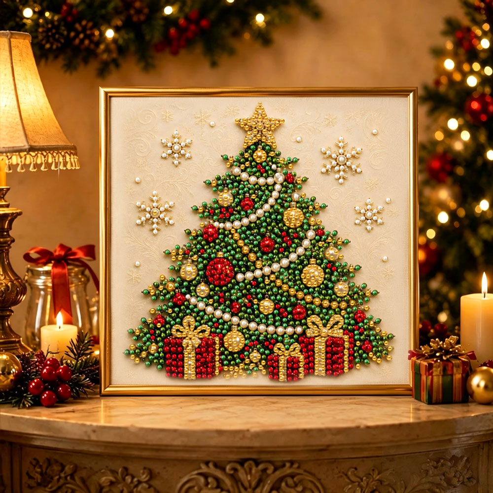 Finished glorious decorated christmas tree pearl diamond painting artwork displayed as holiday home decor