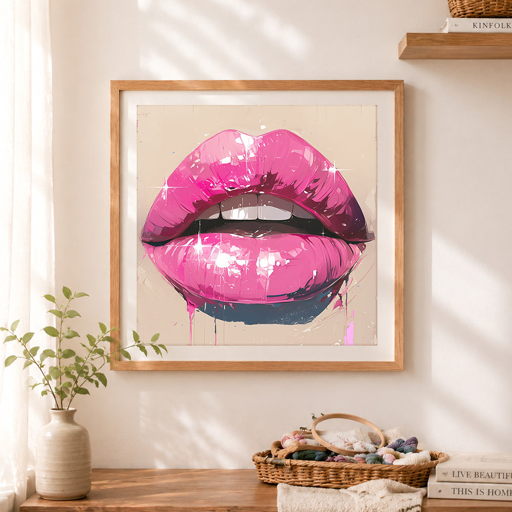 Finished glossy pop art pink lips cross stitch artwork displayed as home decor