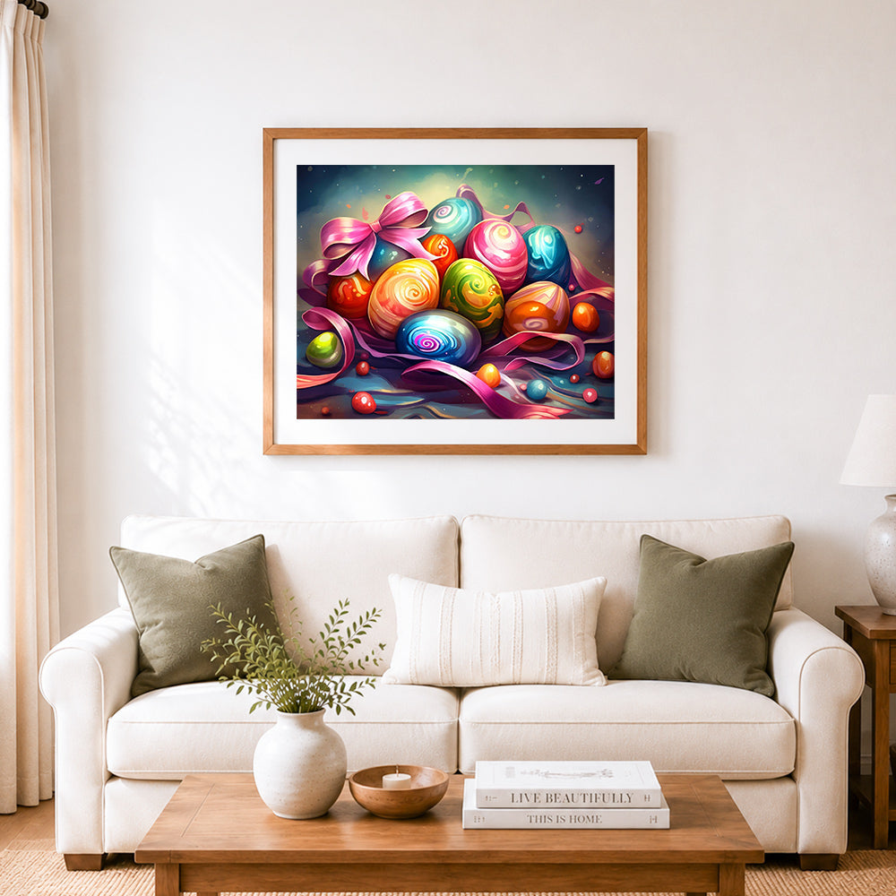 Finished glossy swirl easter eggs with ribbons cross stitch artwork displayed as home decor