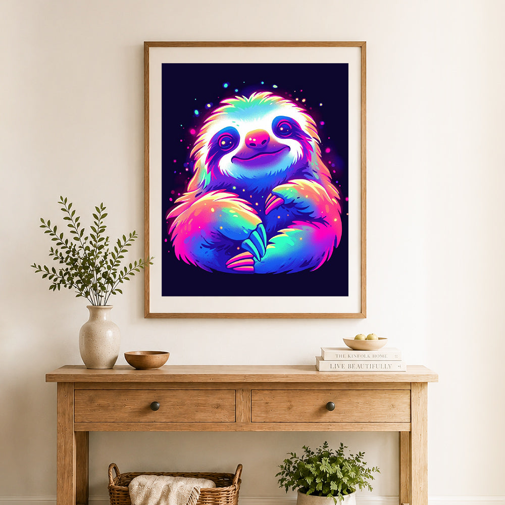 Finished glow neon sloth cross stitch artwork displayed as home decor