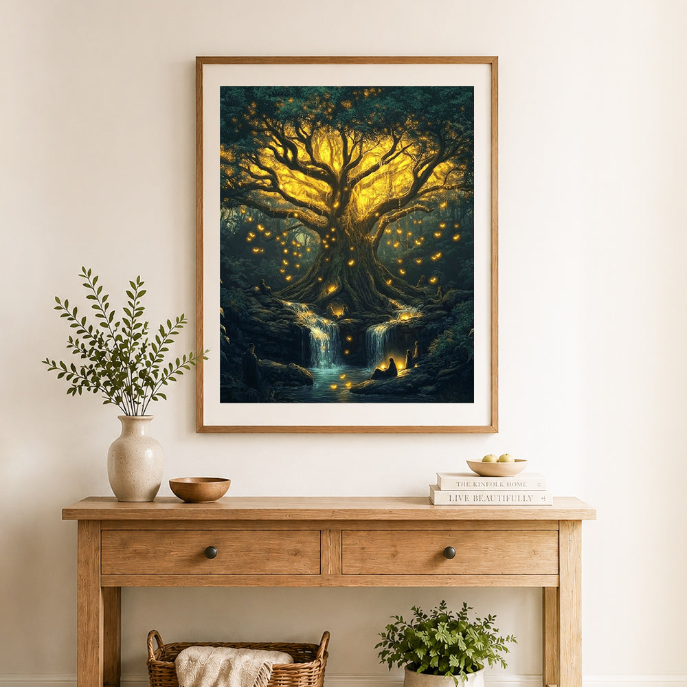Finished glowing ancient magic tree cross stitch artwork displayed as home decor